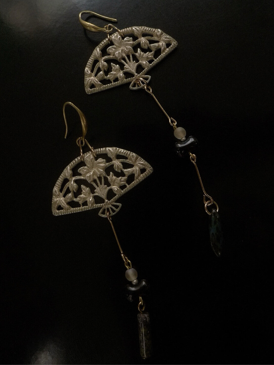 Silver Fan Asymmetrical Beaded Earrings