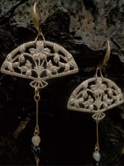 Silver Fan Asymmetrical Beaded Earrings