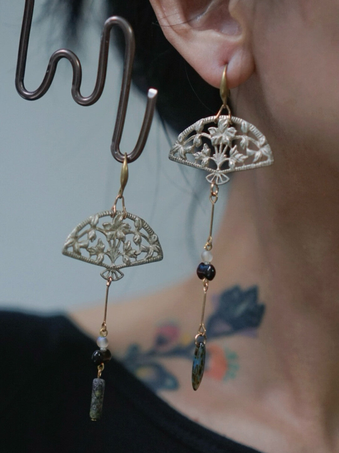 Silver Fan Asymmetrical Beaded Earrings,Lumivault.