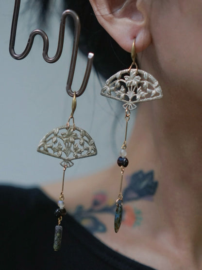 Silver Fan Asymmetrical Beaded Earrings