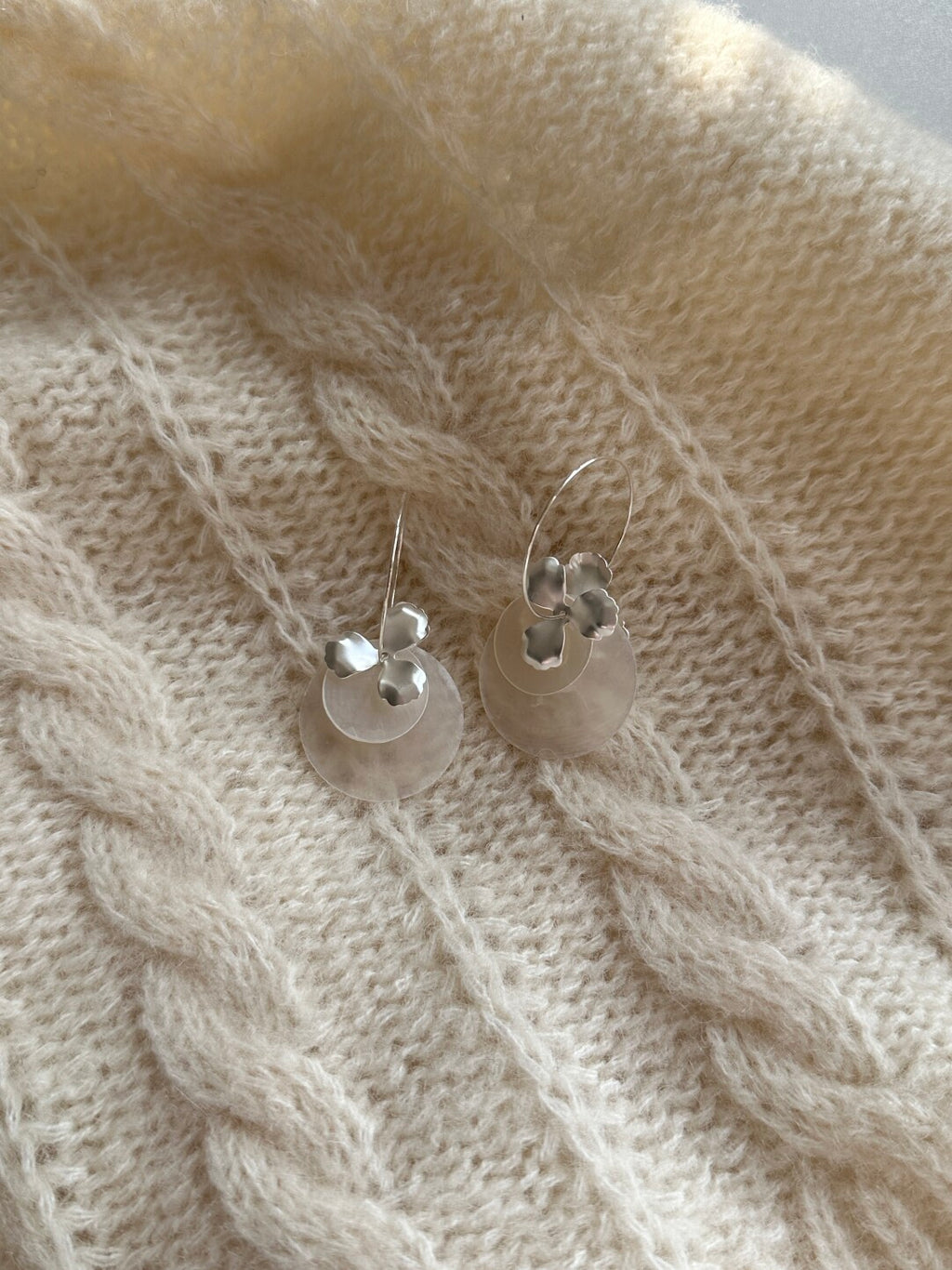 Silver Flower Mirror Shell Earrings,Lumivault.