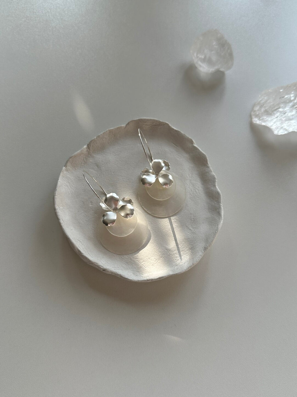 Silver Flower Mirror Shell Earrings,Lumivault.
