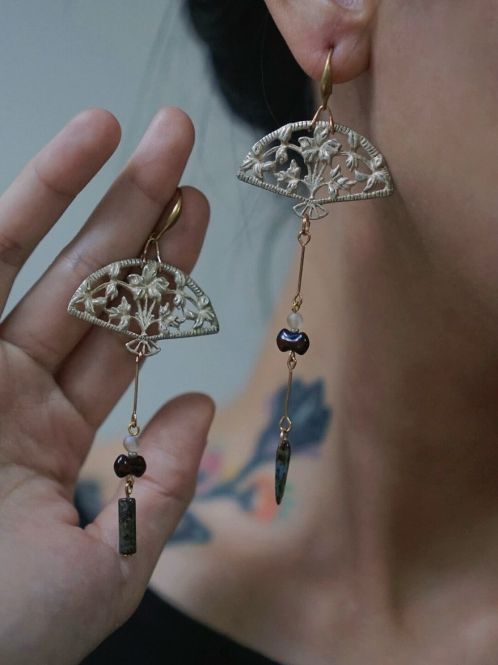 Silver Fan Asymmetrical Beaded Earrings,Lumivault.
