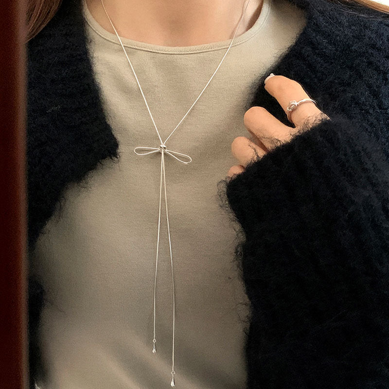 Simple Bow Pull-Out Long Necklace,Lumivault.
