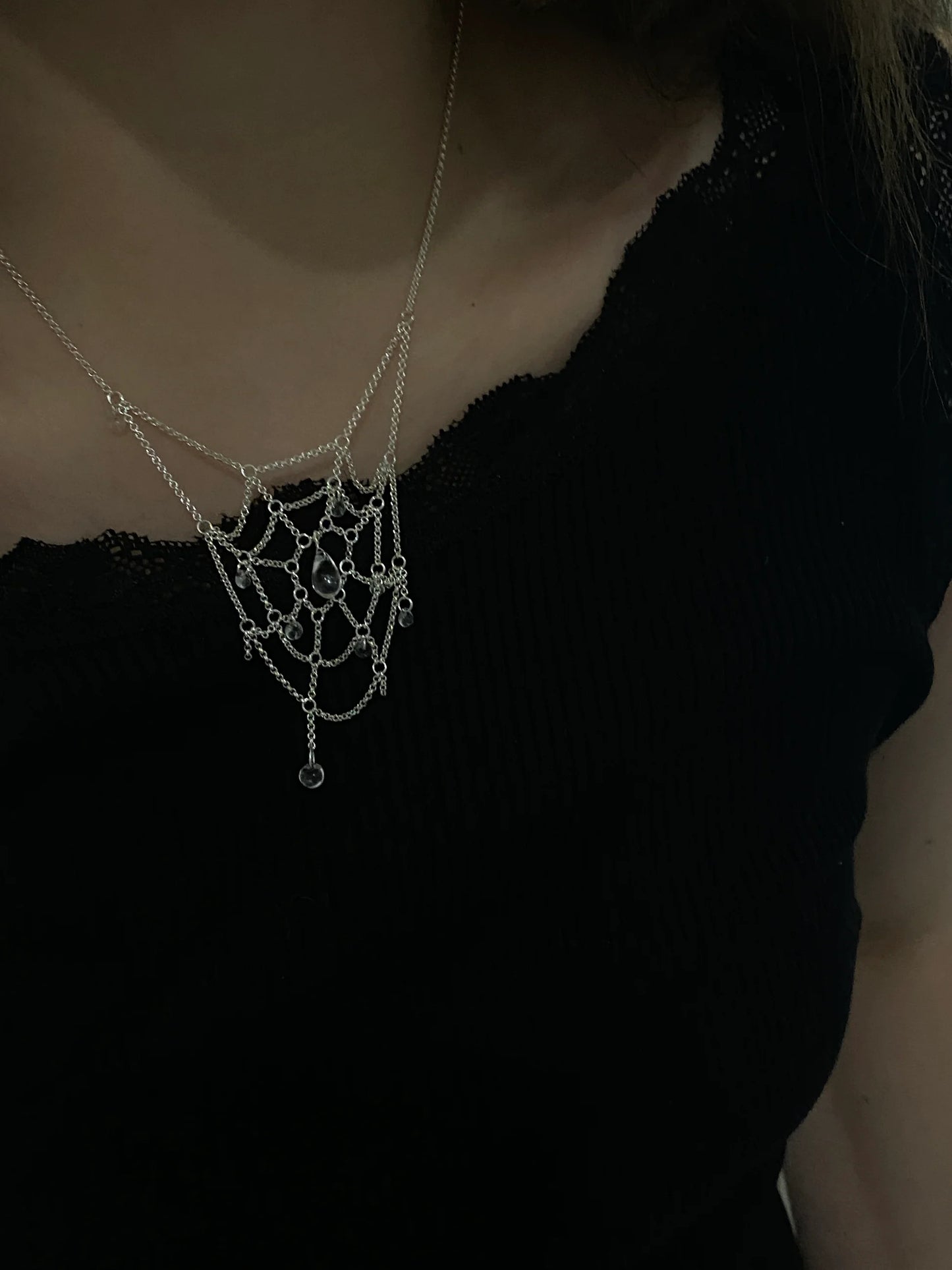 Spiderweb Crystal Silver Necklace