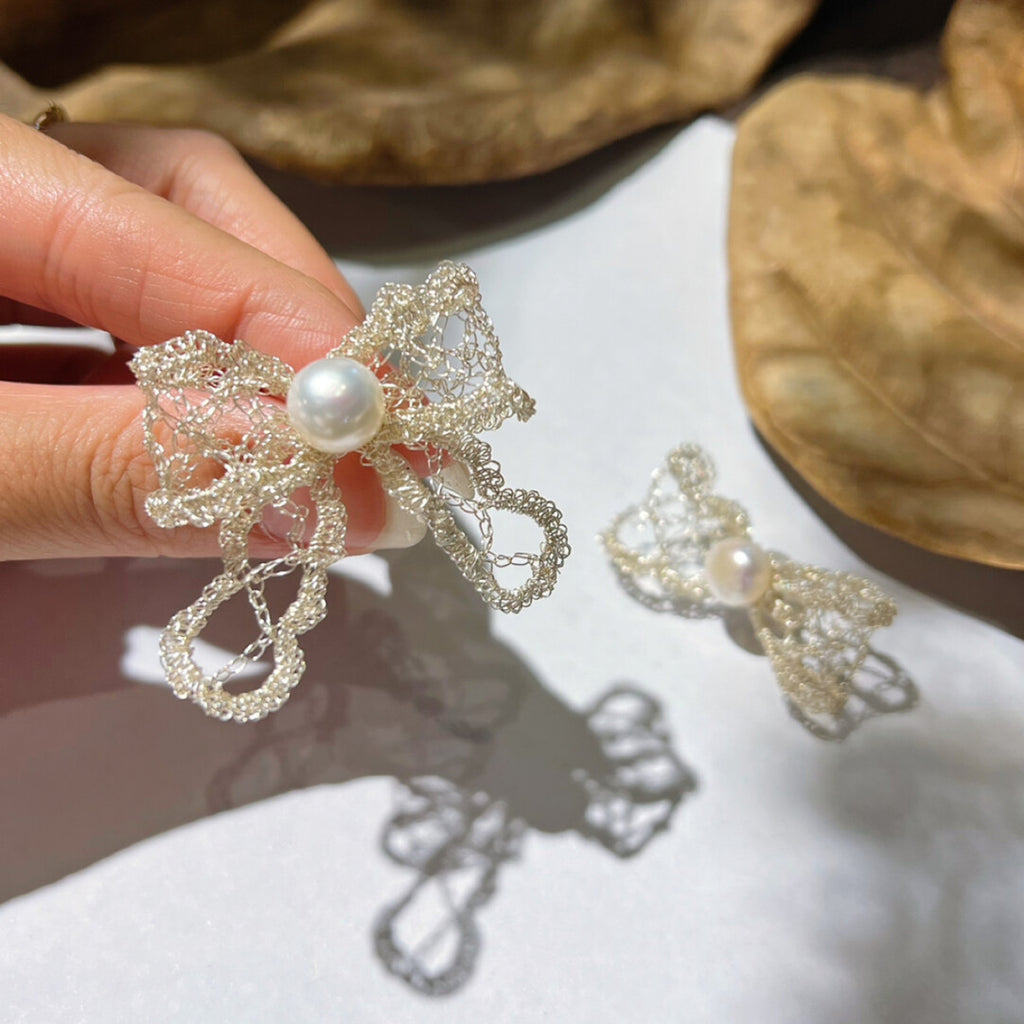 The Pearl & Ribbon Bow Earrings,Lumivault.