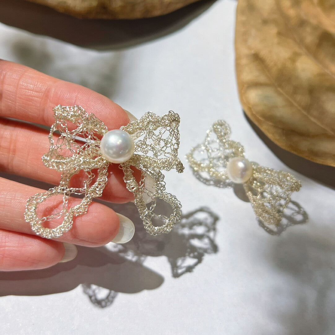 The Pearl & Ribbon Bow Earrings,Lumivault.