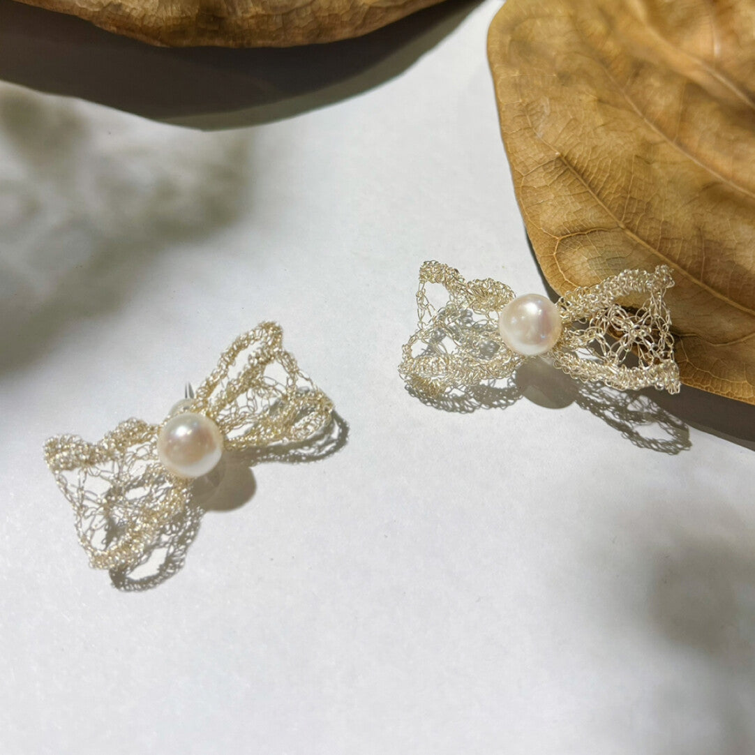 The Pearl & Ribbon Bow Earrings,Lumivault.