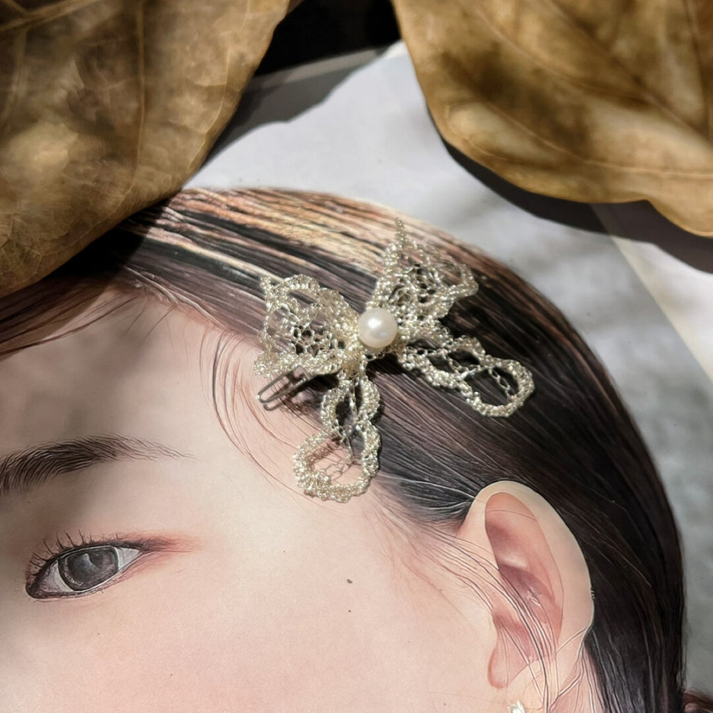 The Pearl & Ribbon Bow Earrings,Hair Clip,Lumivault.