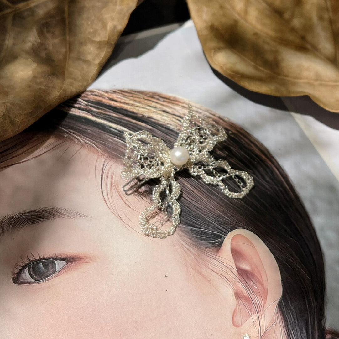 The Pearl & Ribbon Bow Earrings,Hair Clip,Lumivault.
