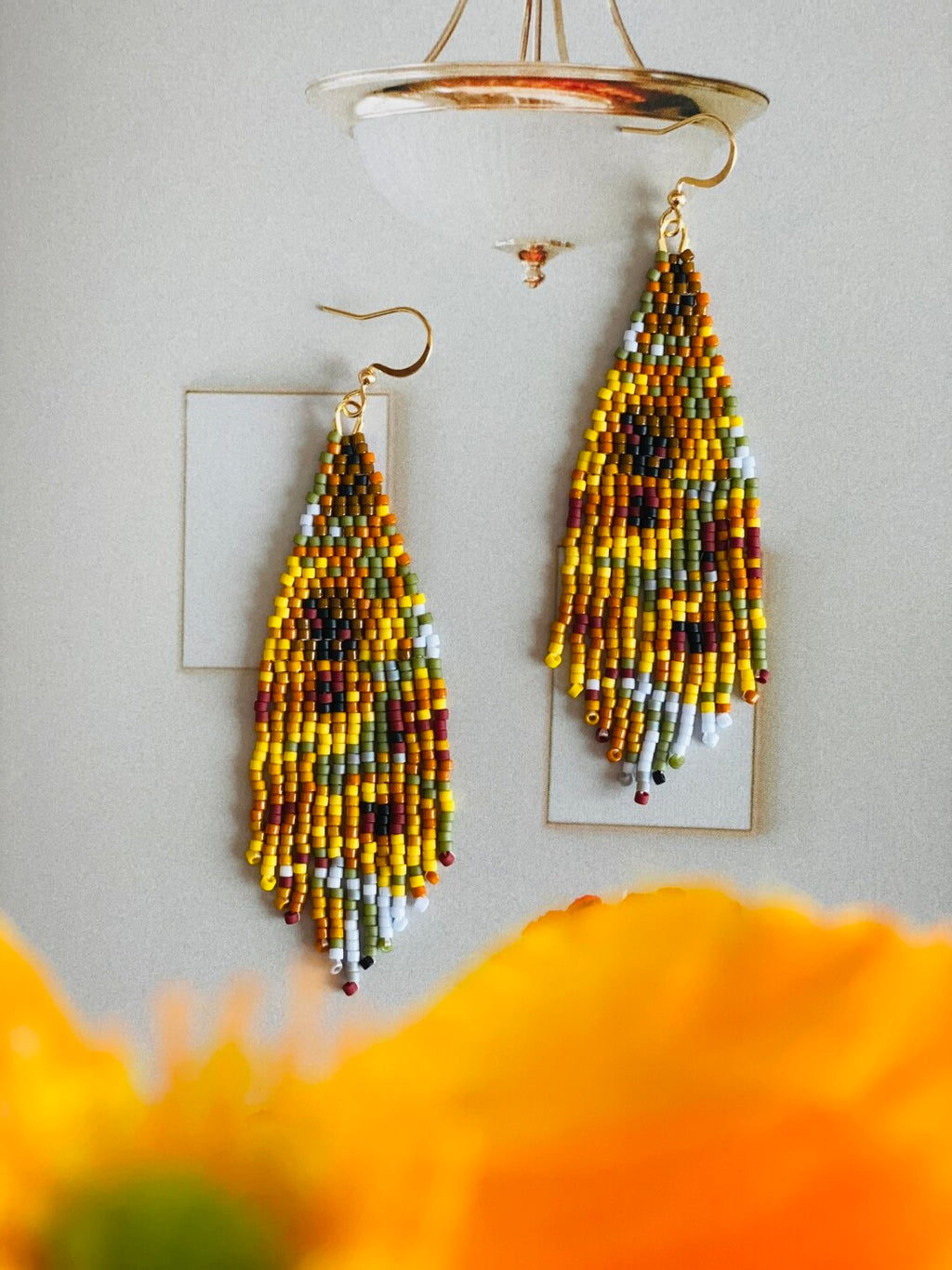 Van Gogh's Sunflowers MIYUKI Beaded Earrings,Long / Studs,Lumivault.