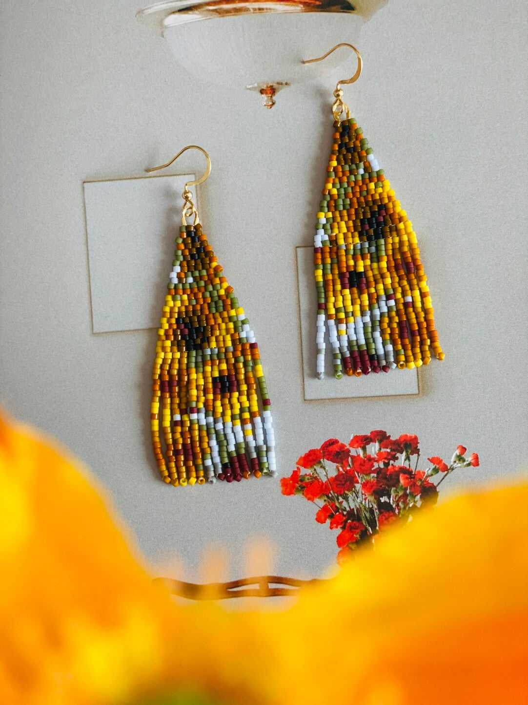 Van Gogh's Sunflowers MIYUKI Beaded Earrings,Short / Studs,Lumivault.