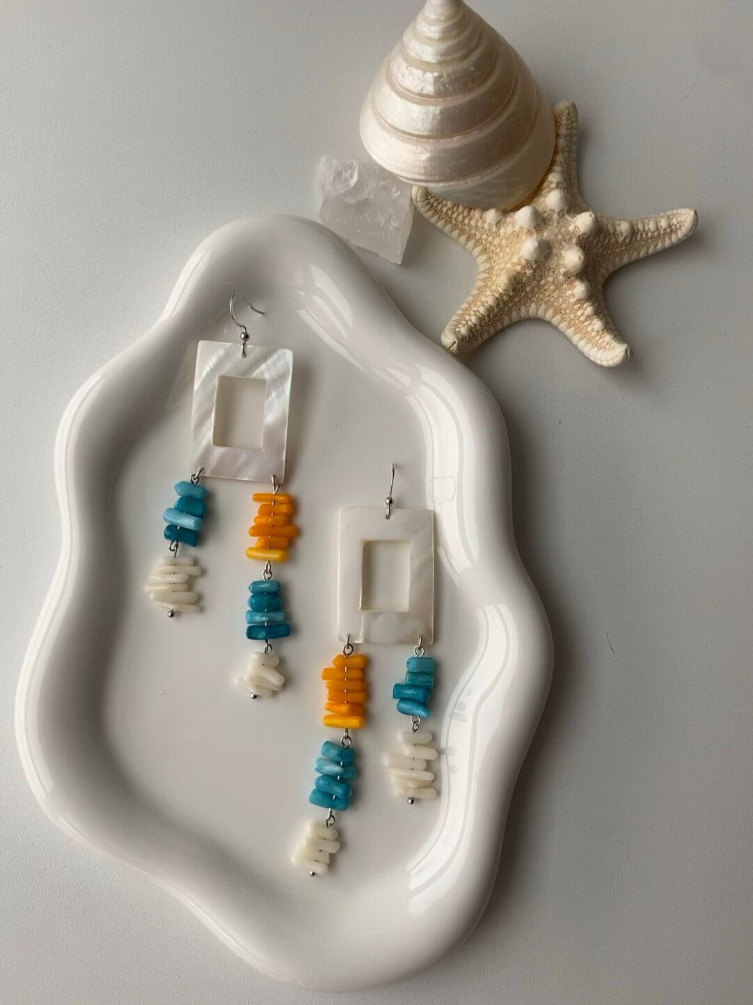 White Shell Tassel Asymmetrical Earrings,Lumivault.