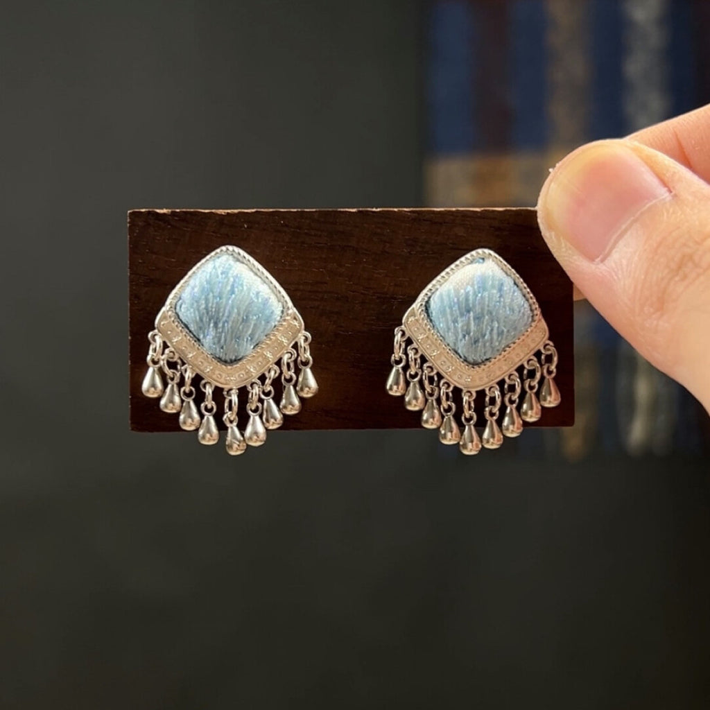Miao Silver Motif Stud Earrings,Sapphire Blue,Lumivault.