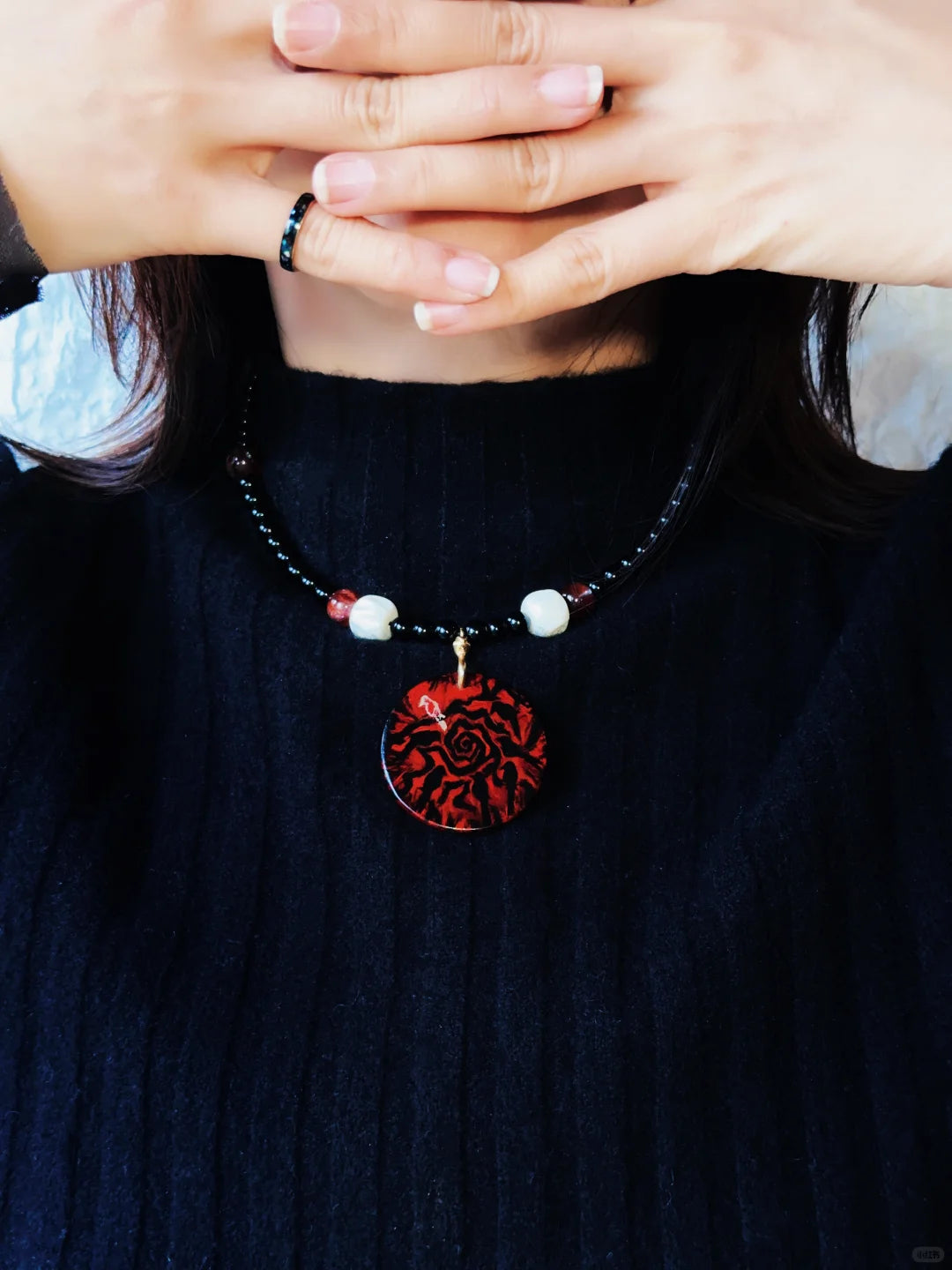 Seven Crows Lacquer Obsidian Deer Bone Necklace