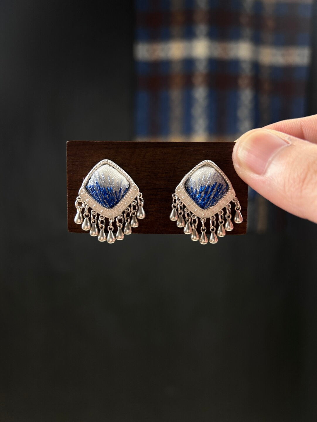 Miao Silver Motif Stud Earrings,Blue,Lumivault.