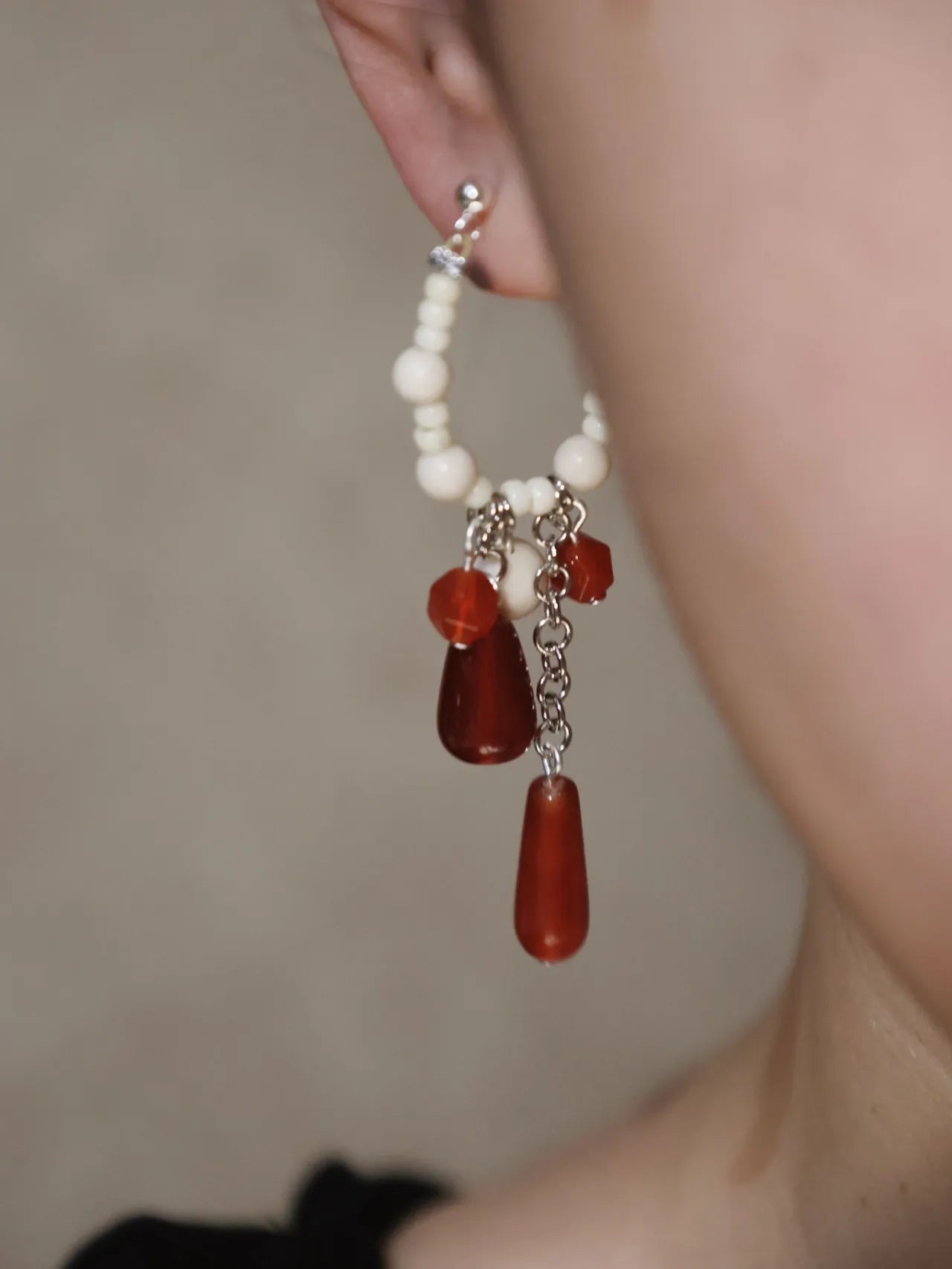 Chinoiserie Red Water Drop Fringed Earrings,Lumivault.
