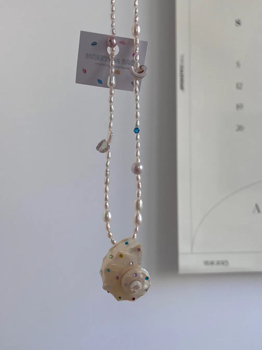 Handmade Conch Freshwater Pearl Beaded Necklace,Lumivault.